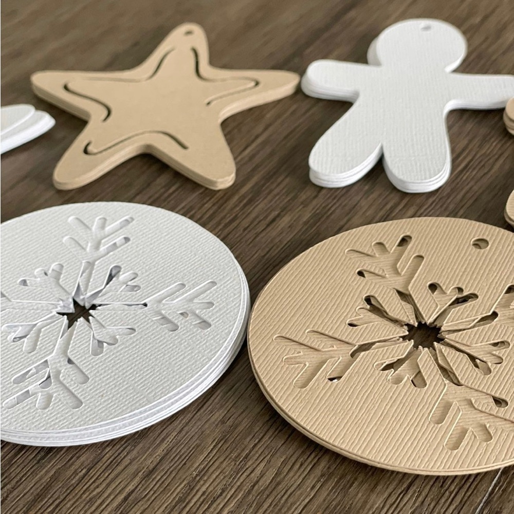 46 Pcs Christmas Tags Tan and White Paper Die Cuts Snowflakes Gingerbread Stars